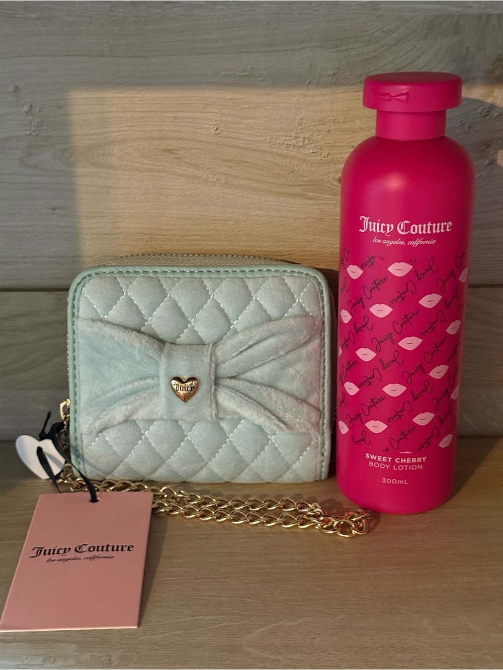 Juicy Couture Plush Quilted Wristlet Wallet & Sweet Cherry Body Lotion set